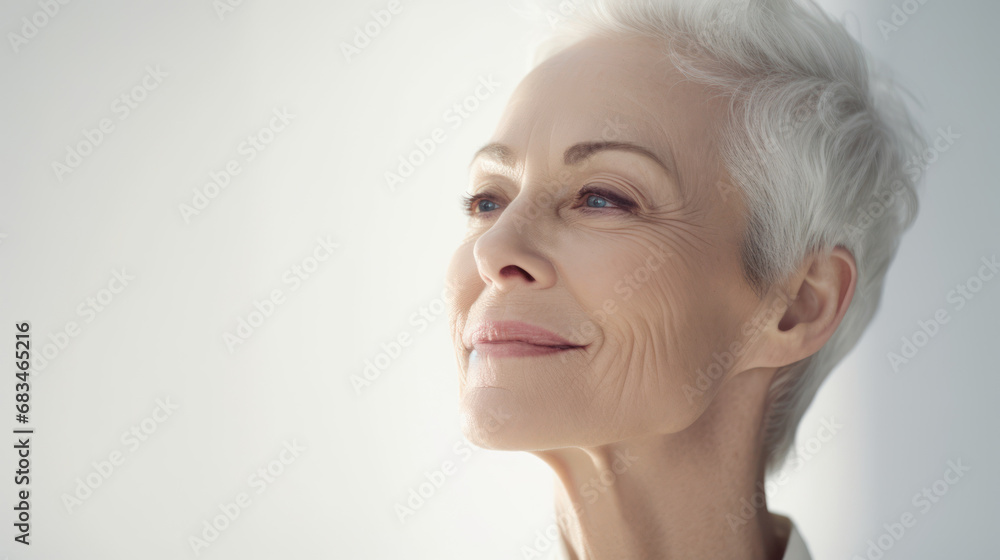 Close up portrait of beautiful older smiling woman in the studio on white background with copy space Close up portrait of beautiful older smiling woman in the studio on white background with copy space