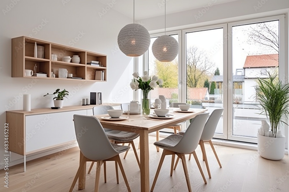 Obraz premium Inviting Scandinavian dining area, blending timeless aesthetics with modern furnishings