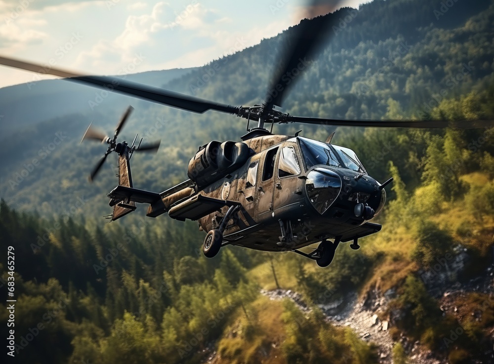 Attack army combat helicopter armed with a heavy machine gun in motion. Close-up front quarter view of battle copter in low level flying over in a wooded area or jungle. Attack army combat helicopter armed with a heavy machine gun in motion. Close-up front quarter view of battle copter in low level flying over in a wooded area or jungle.