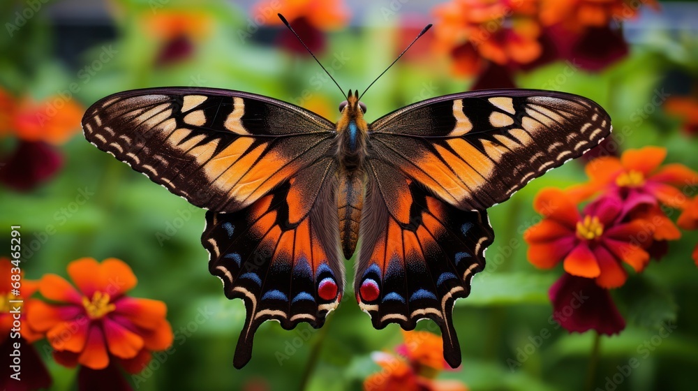 a close up of a butterfly on a flower with orange and red flowers in the background and a blurry background. a close up of a butterfly on a flower with orange and red flowers in the background and a blurry background.
