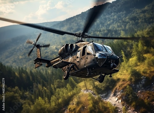 Attack army combat helicopter armed with a heavy machine gun in motion. Close-up front quarter view of battle copter in low level flying over in a wooded area or jungle.