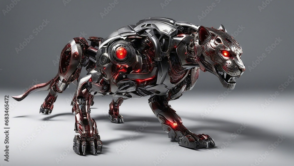 half panther half robot with torn off skin showing robot underneath, half panther half robot with torn off skin showing robot underneath,