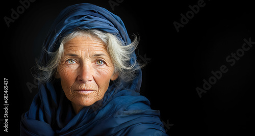 Portrait study of a beautiful elderly woman with wrinkles of age and a scarf on her head photo