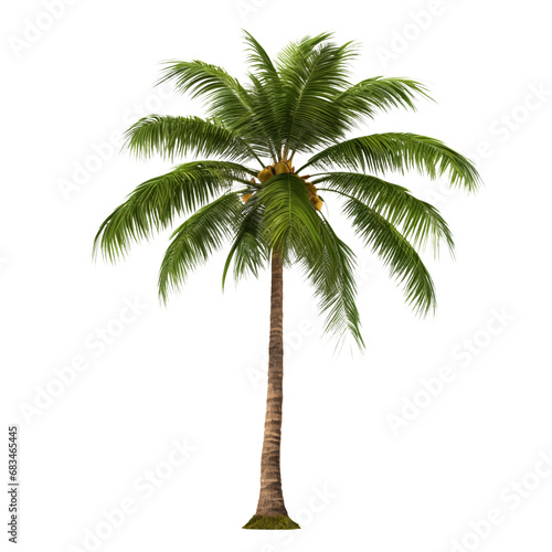 Coconut tree cut out on a transparent background. Close-up of an exotic tree in PNG format  side view. Clipart of trees to insert into a set or project.