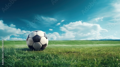  a soccer ball is sitting in the middle of a grassy field with a blue sky and clouds in the background.