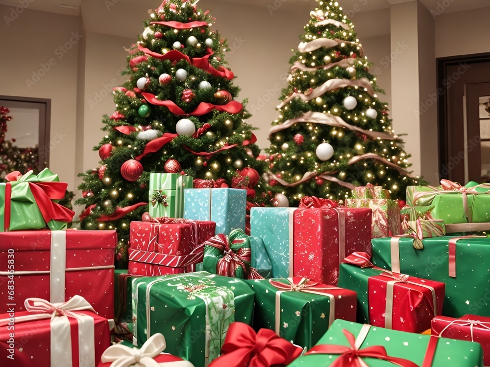 Beautiful Christmas gifts under the tree in the living room at home
