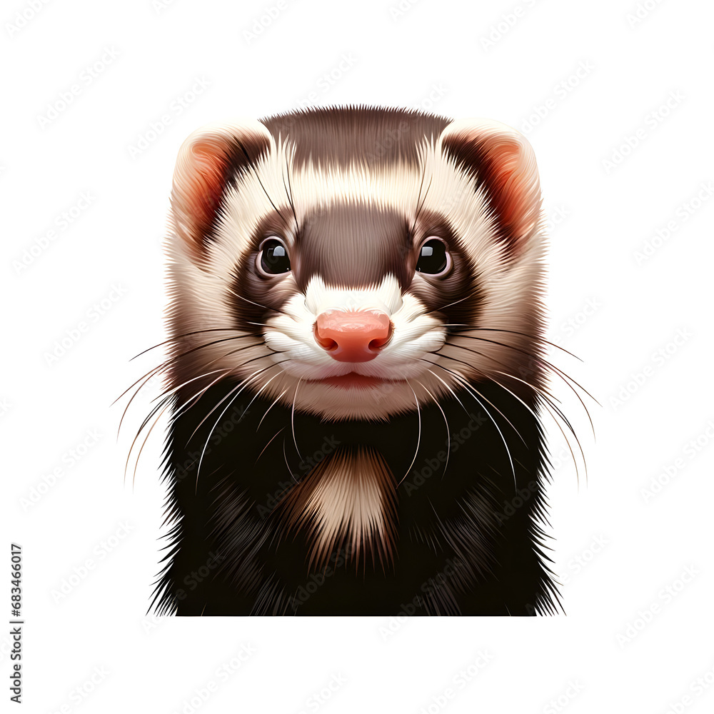 Ferret with Pointed Snout and Mask-like Eye Pattern - Detailed Wildlife Portrait with Brown, Black, and White Fur Textures, Concept of Nature and Animal Identity Ferret with Pointed Snout and Mask-like Eye Pattern - Detailed Wildlife Portrait with Brown, Black, and White Fur Textures, Concept of Nature and Animal Identity