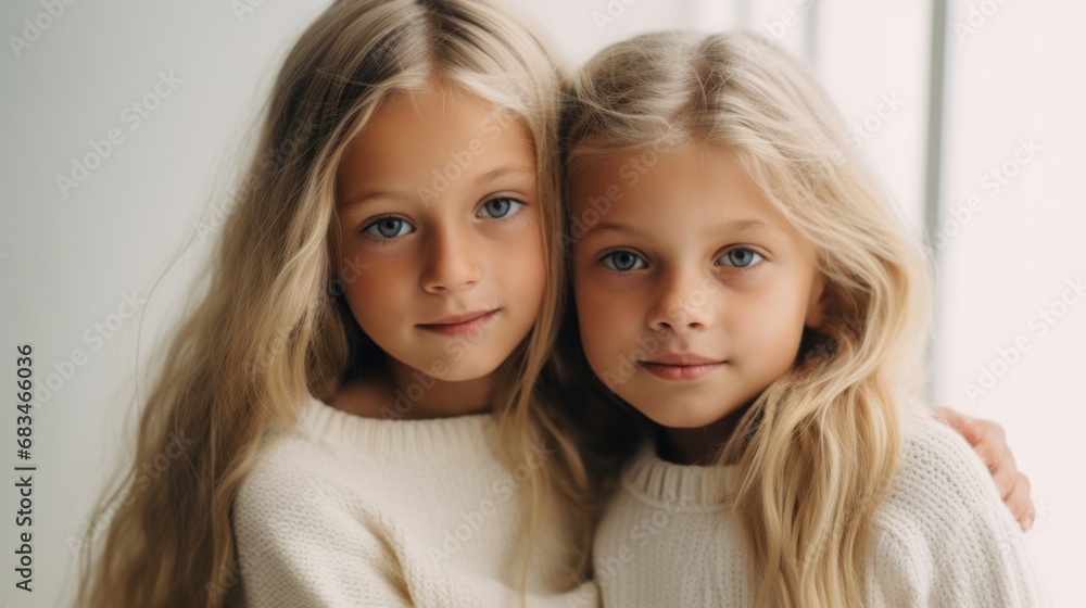 Simple surroundings frame the emotional connection of two hugging sisters. Simple surroundings frame the emotional connection of two hugging sisters.