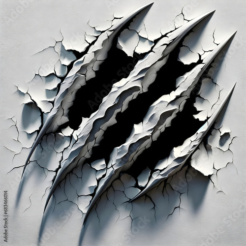 Dynamic 3D Claw Marks Ripping Through White Surface, Exposing Layers - Power and Destruction Concept, Creative Background Illustration for Design Projects