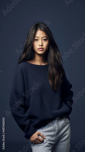 A young asian girl in a dark sweater and light jeans, posing against a dark background.