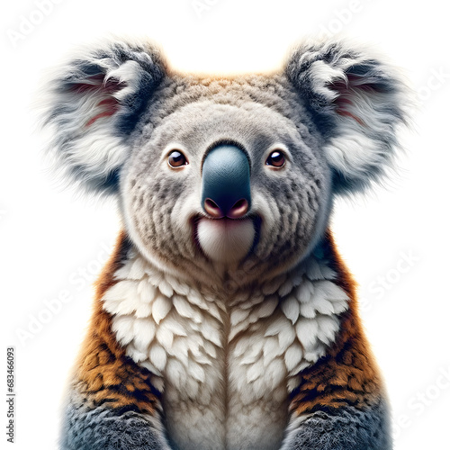Close-Up Koala Portrait Facing Camera with Realistic Fur Textures in Shades of Gray, White, and Brown - Concept of Wildlife Conservation and Australian Fauna
