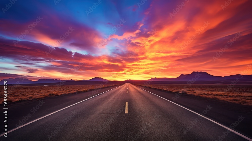  a long stretch of road in the middle of the desert with the sun setting in the distance and clouds in the sky.