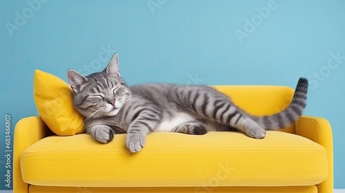 Cute tabby cat sleeping on yellow sofa with yellow pillow over blue wall background. Funny home pet. Concept of relaxing and cozy wellbeing. photo