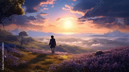 a person standing on a hill with purple flowers
