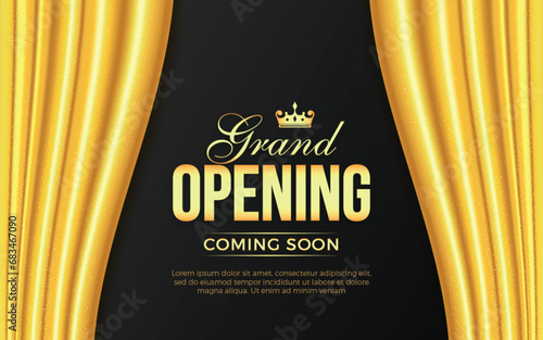 Realistic grand opening invitation banner with luxury golden silk curtains, golden elements and 3d editable text effect