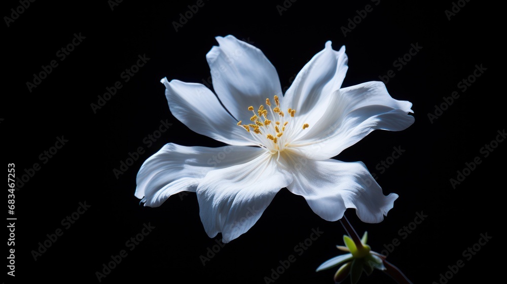a close up of a white flower on a black background with a light reflection on the center of the flower. a close up of a white flower on a black background with a light reflection on the center of the flower.