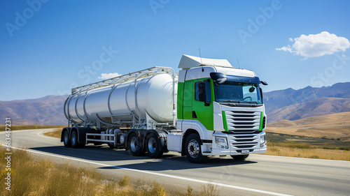 Truck with hydrogen fuel tank trailer H2 Hydrogen. Renewable or sustainable electricity. Truck engine for emission free eco friendly transport.

 photo
