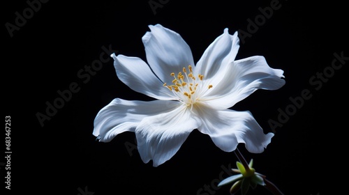  a close up of a white flower on a black background with a light reflection on the center of the flower.
