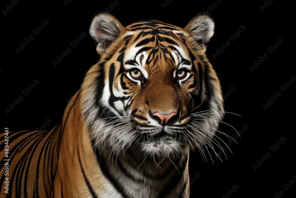 Fototapeta premium A close-up photograph of a tiger's face with intense eyes and sharp teeth, captured against a black background.