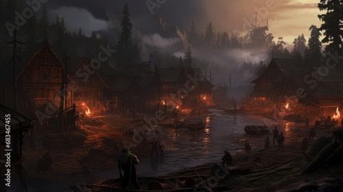 a video game art of a village with boats and people