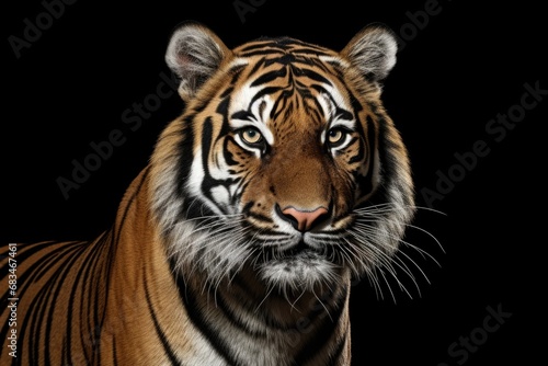 A close-up photograph of a tiger's face with intense eyes and sharp teeth, captured against a black background. © Fotograf