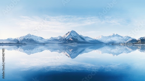  a mountain range is reflected in the still water of a lake with a blue sky and clouds in the background. © Anna