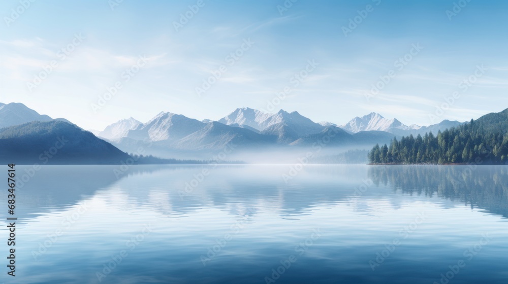  a large body of water with mountains in the background and trees in the foreground, and fog in the air.