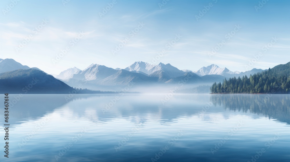 a large body of water with mountains in the background and trees in the foreground, and fog in the air. a large body of water with mountains in the background and trees in the foreground, and fog in the air.