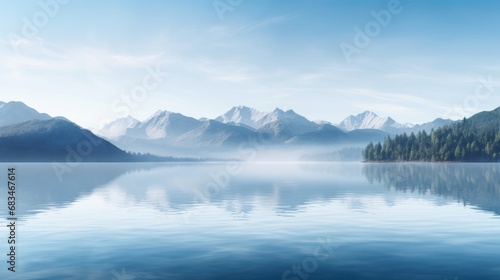  a large body of water with mountains in the background and trees in the foreground, and fog in the air. © Anna