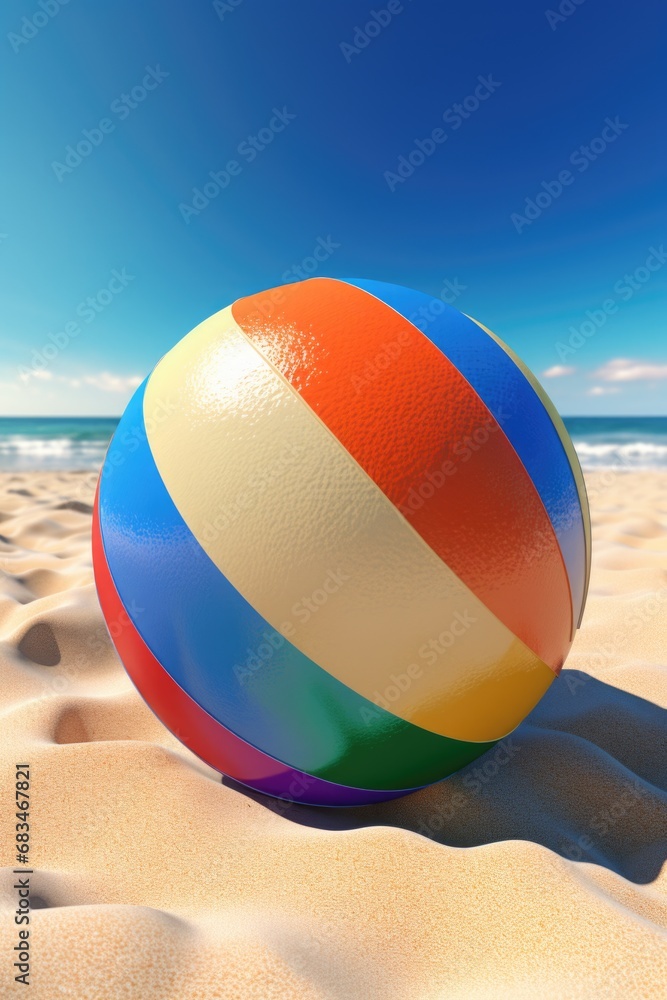 A vibrant beach ball resting on a sandy beach. Perfect for summer-themed designs and advertisements.