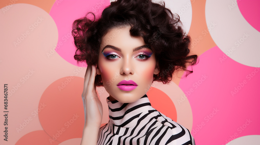 Female model with pink geometric pattern. 