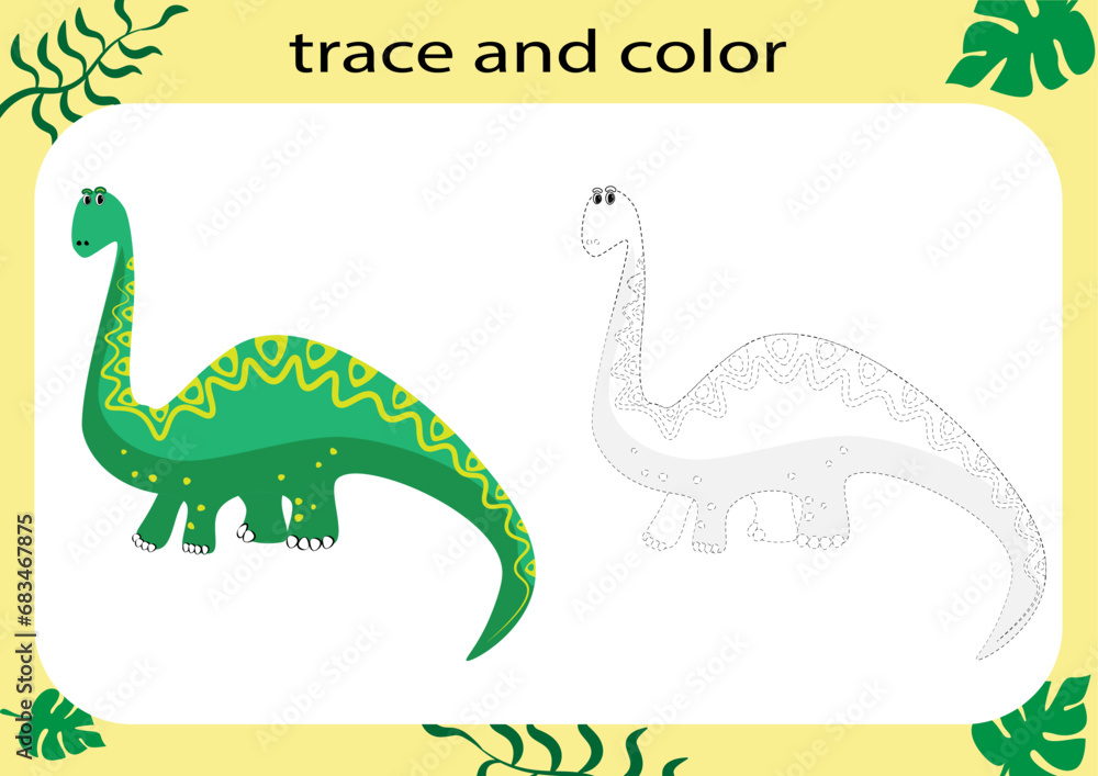 Trace and color the cartoon dinosaur. Handwriting practice for kids. Educational worksheet for children. Printable worksheet. Vector illustration. Trace and color the cartoon dinosaur. Handwriting practice for kids. Educational worksheet for children. Printable worksheet. Vector illustration.