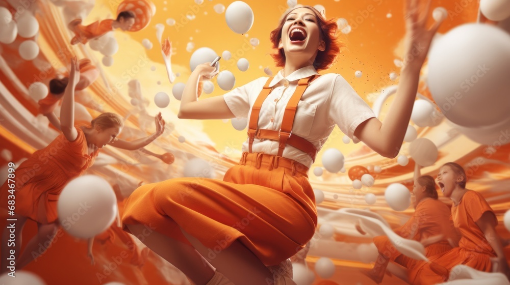 a woman in an orange dress jumping in the air with white and orange balloons