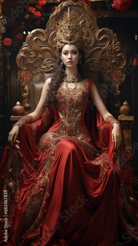 a woman in a red dress sitting on a throne
