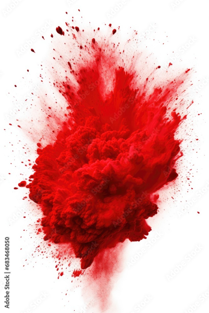 A vibrant red powder cloud is splattered on a clean white background. This image can be used to add a burst of color and energy to various designs and projects.
