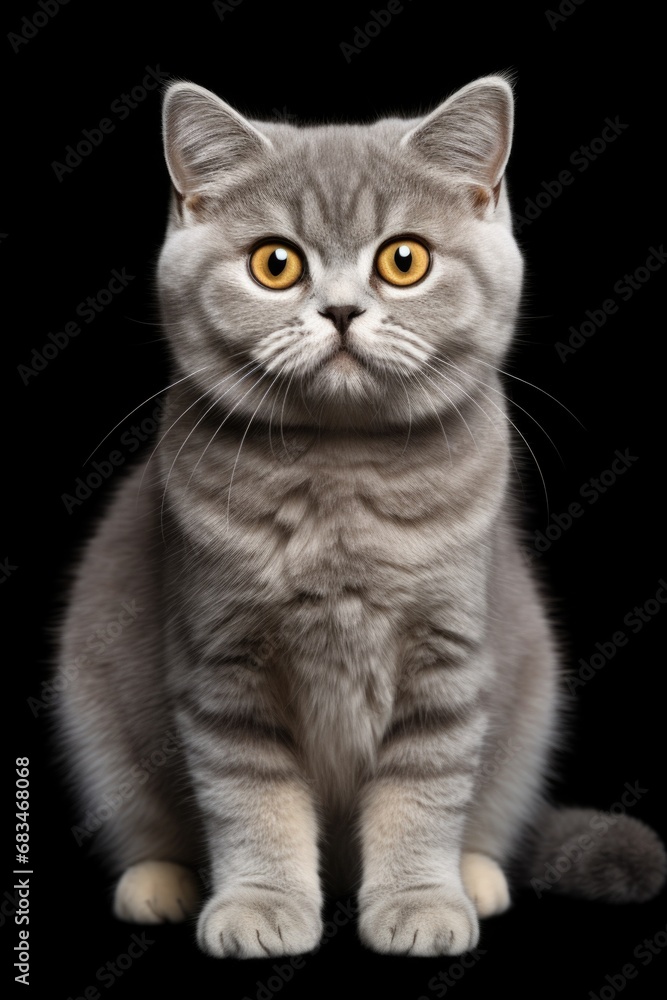 A gray cat with yellow eyes sitting on a black surface. Can be used for pet-related designs or to depict relaxation and tranquility.