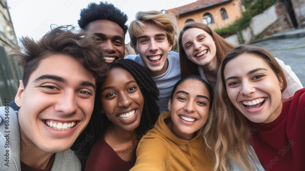 Group of multiracial young student people smiling and taking a selfie together outdoors.
Group of multiracial young student people smiling and taking a selfie together outdoors.