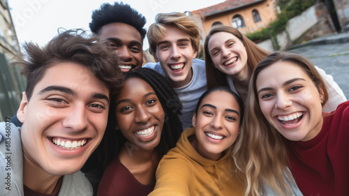 Group of multiracial young student people smiling and taking a selfie together outdoors. 