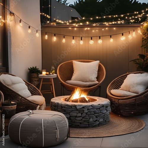 cozy patio with a wicker furniture set and a fire pit set against a stone wall
