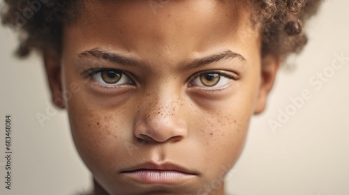 A closeup of an upset child with mixed emotions in a studio setting.