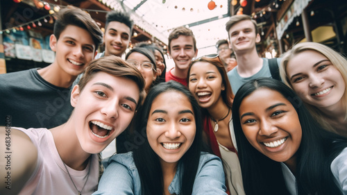 Big group of cheerful young friends taking selfie portrait. Happy people looking at the camera smiling.
