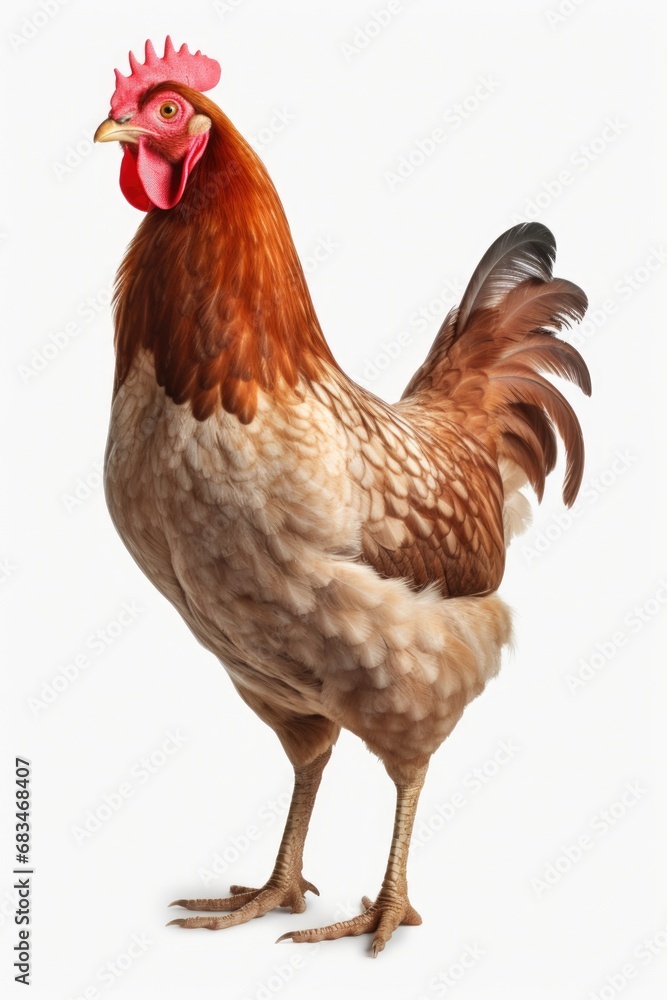Fototapeta premium A picture of a brown and white chicken standing on a white surface. This image can be used for various purposes, such as farm-related projects or illustrating the concept of rural life.