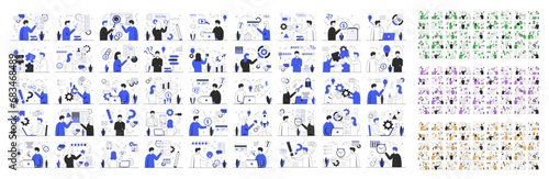 Business scene in four colors. Mega set. Collection of scenes:HR specialist,data analytic,FAQ,tax,new idea,start up,check list,online shop. Business people in different situation. Vector illustration.