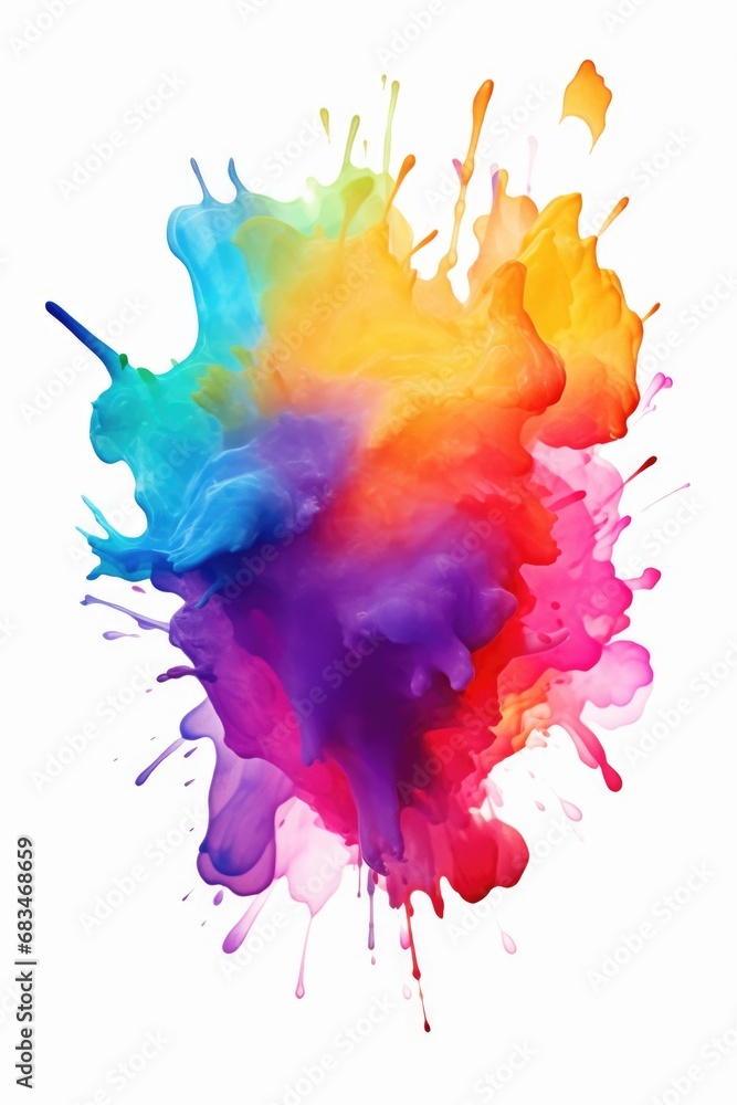 A vibrant and colorful paint splash on a clean white background. Perfect for adding a pop of color and creativity to any design project or artistic endeavor. - obrazy, fototapety, plakaty 