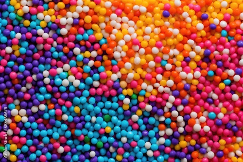 A vibrant pile of sprinkles in various colors. Perfect for adding a pop of color and fun to any dessert or baked goods.