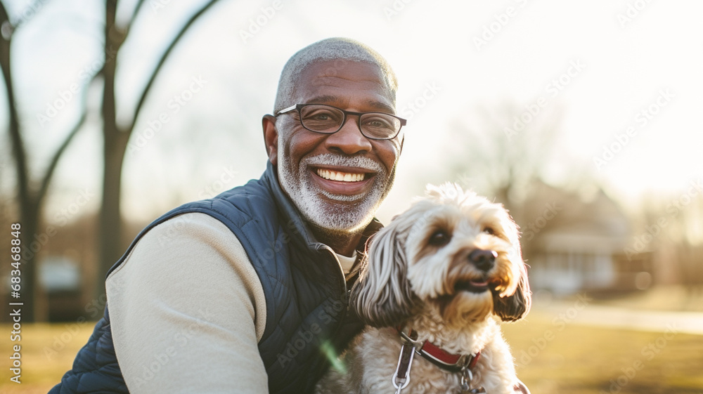 Happy black senior man with small dog in the park. Positive emotions, pet concept.
Happy black senior man with small dog in the park. Positive emotions, pet concept.