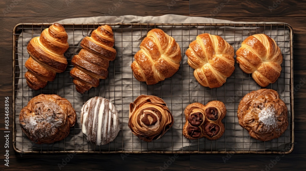 Fototapeta premium a bunch of different types of pastries on a wire rack on a wooden table with a piece of paper.