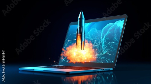 Abstract Rocket Takes off From the Laptop Screen.Generative AI