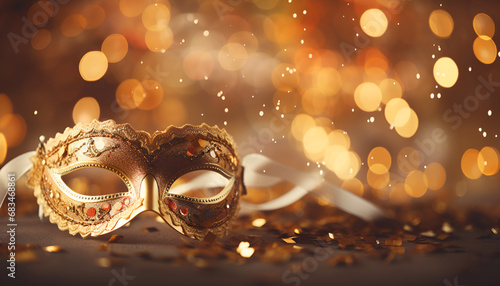 A banner featuring Venetian carnival celebration masks, set against a backdrop of soft, defocused bokeh lights, creating a captivating and festive ambiance