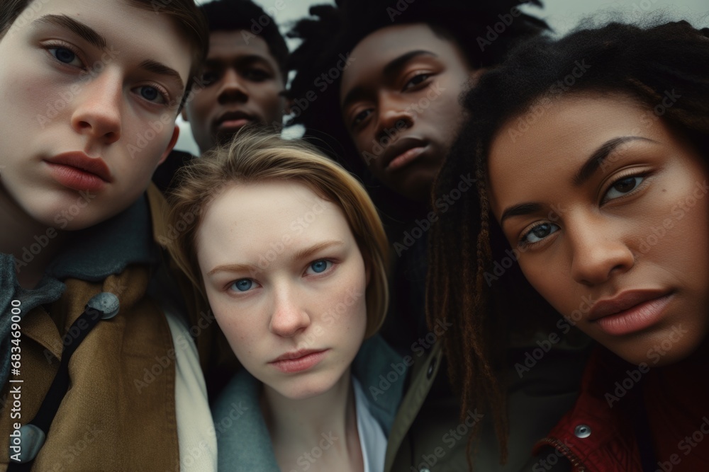 Obraz premium A picture featuring a group of young people standing next to each other. This image can be used to depict friendship, teamwork, or a social gathering.